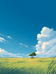 A vibrant illustration of a solitary tree standing in a field, embraced by a bright blue sky and fluffy clouds