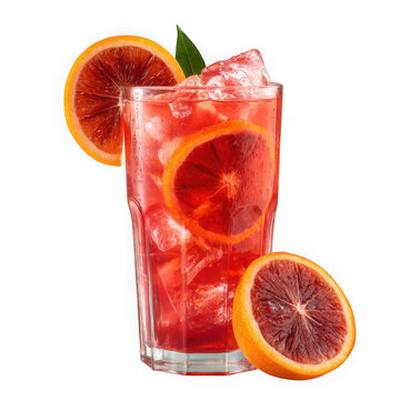 Refreshing blood orange cocktail with ice and fruit isolated on transparent background