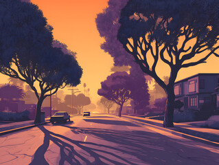 Vector illustration of a wide sunset boulevard with trees casting long shadows, perfect for a serene atmosphere