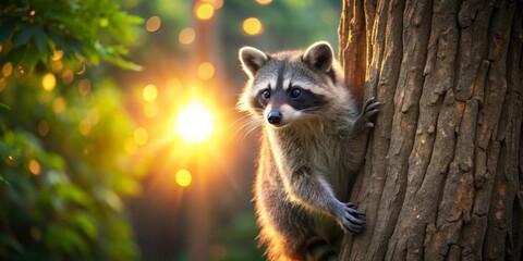 Obraz premium A curious raccoon at sunset, clinging to a tree trunk in a forest, illuminated by golden light