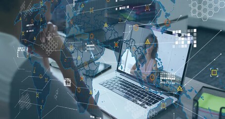Remote speaker gesturing on laptop driving business analytics with map overlays and connections - Powered by Adobe