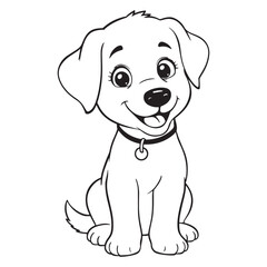 Fototapeta premium Adorable line art drawing of a happy sitting puppy dog with big eyes and a collar