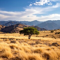 Solitary tree on golden grassland under a vast, blue sky, mountains in the distance