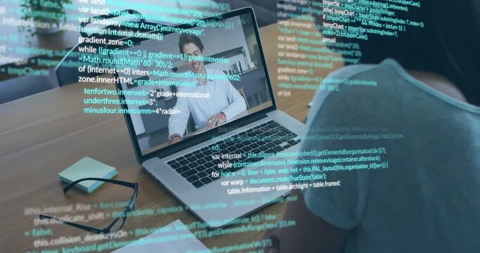 Developer opening laptop joining remote coding meeting, showing animated JS snippets scrolling