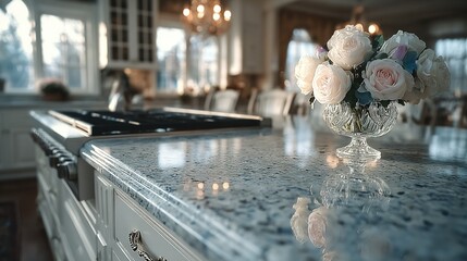 Kitchen interior with countertop flowers chandelier and white cabinets in a bright space.