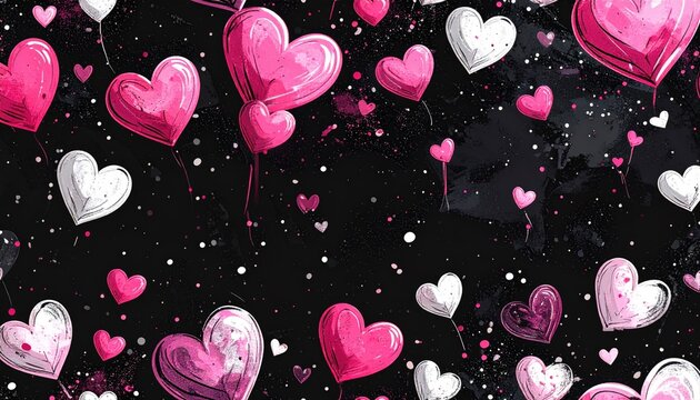 A repeating pattern of hearts, resembling balloons, in pink and white on a black background