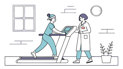 A person is walking on a treadmill while being observed by a medical professional.