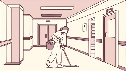 A person mops a hospital corridor, maintaining cleanliness and hygiene in the facility.