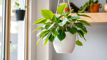 vibrant green philodendron plant in a hanging white planter