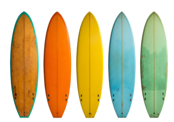 Five colorful surfboards lined up on a transparent background isolated on transparent background