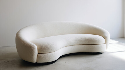 Sculptural White Fabric Sofa with Black Wood Base in Minimal White Studio with Soft Mood Lighting