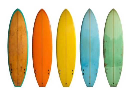 Five colorful surfboards lined up on a transparent background isolated on transparent background