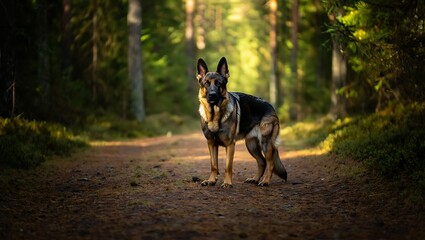 Majestic German Shepherd Dog Standing on a Forest Trail in Dappled Sunlight