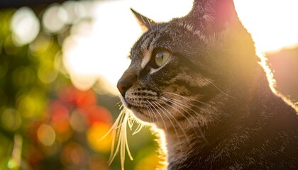 Tabby cat profile, golden sunlight
