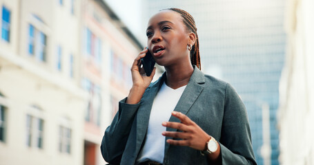 Business woman, phone call and property developer in city, landholding or sale negotiation outdoor....