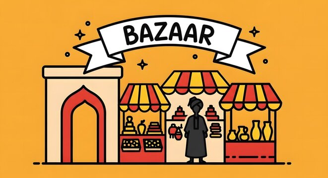 A colorful cartoon illustration of a traditional Middle Eastern bazaar with market stalls and a merchant.