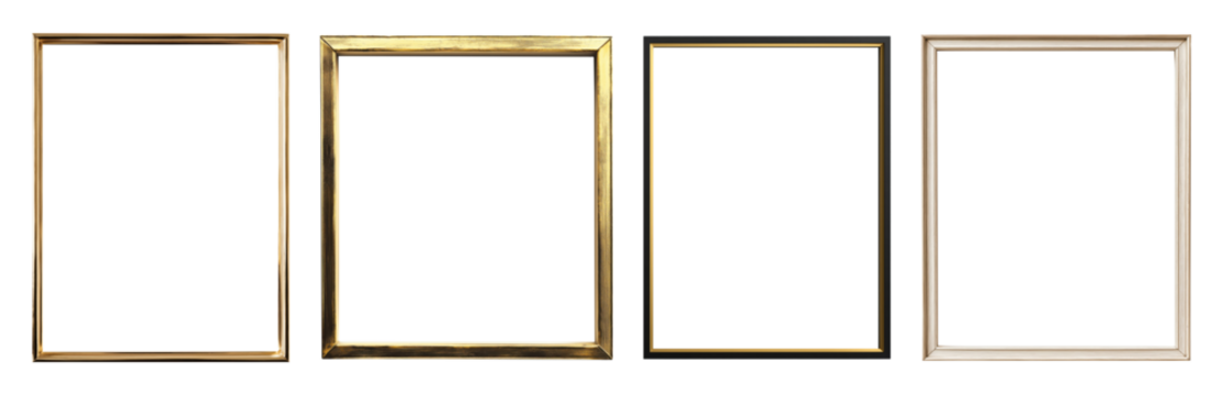 Collection of four empty rectangular picture frames with thin borders isolated on transparent background - Powered by Adobe