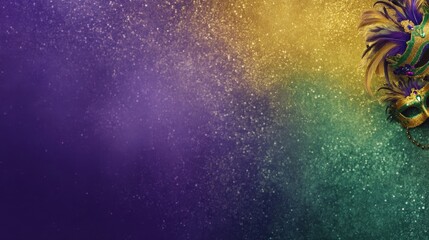 Abstract vibrant background with purple green gold gradient, festive feathers headgear celebrations,