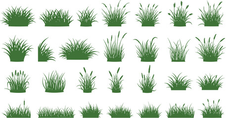 Grass silhouette set, botanical clumps, vector blades, landscaping icons, green tufts, nature texture, editable design, garden elements, outdoor clipart, foliage pack