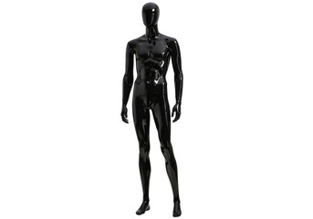 Glossy black male mannequin standing full body isolated on transparent background