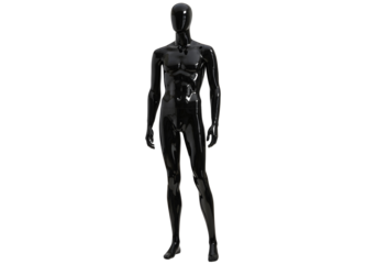 Glossy black male mannequin standing full body isolated on transparent background