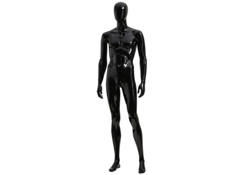 Glossy black male mannequin standing full body isolated on transparent background