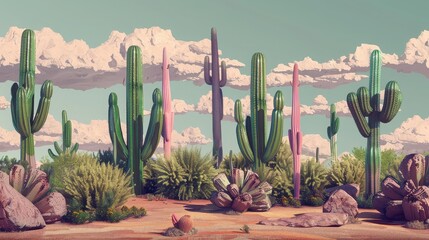 Pixel art of a desert landscape with cacti and a cloudy sky