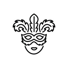 A blackoutlined Mardi Gras mask with three feathers placed on a simplified face
