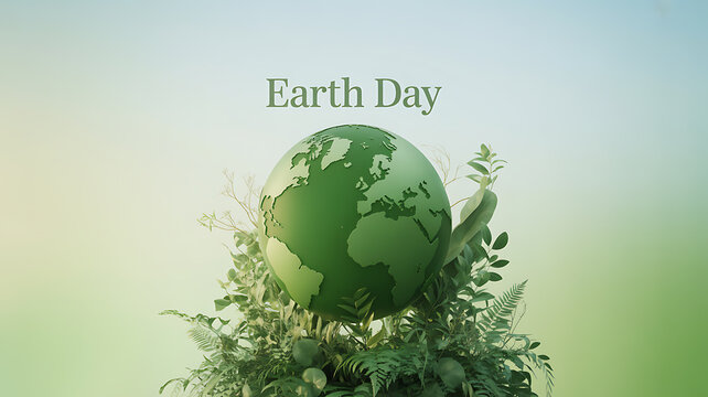 Earth Day illustration featuring a green globe surrounded by foliage and plants