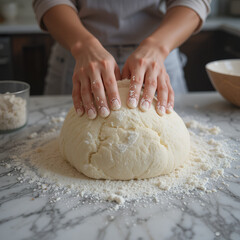 Hands kneading fresh dough on marble countertop in kitchen