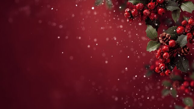 A festive red background adorned with rustic winter foliage featuring red berries and pinecones,