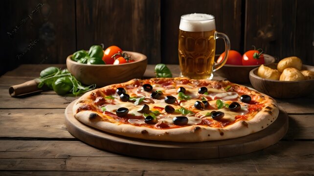 Delicious pizza paired with refreshing beer, perfect casual dining meal, gourmet toppings on cheesy crust, crispy golden pizza served with chilled craft beer, ideal for restaurants and food photograph