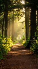 Fototapeta premium Sunlit path winding through a misty forest, leaves and foliage illuminated