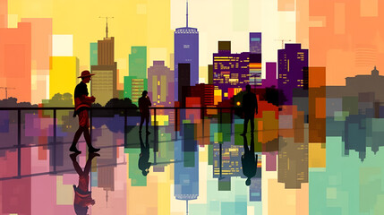 Abstract Colorful City Background with Layered Figures and Reflection