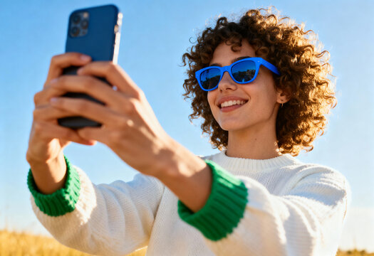 Curly-haired person in sunglasses takes a selfie outdoors on a sunny day.