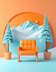 Minimalist scene of an orange armchair in front of a winter landscape