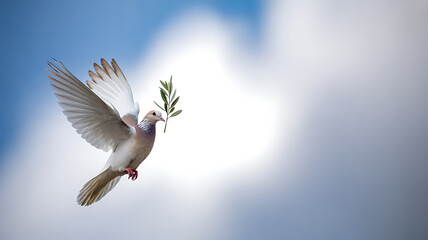 Obraz premium A white dove in flight carrying an olive branch against a bright blue sky with clouds