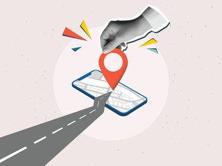 Black and white hand puts a red location pin in the end of an asphalt road on a phone screen. Destination mark on a smartphone. Modern photo collage style. Vector illustration
