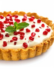 Creamy tart topped with pomegranate seeds and mint