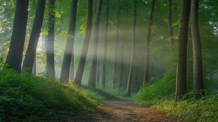 Sunlight filtering through tall trees in a misty forest path