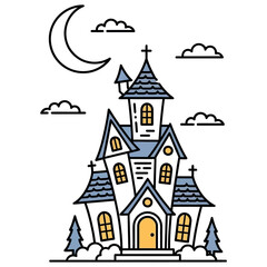 Haunted House Line Art with Color Accent - Spooky Mansion, Halloween Illustration, Creepy Architecture