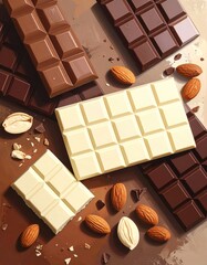 Assorted chocolate bars with almonds