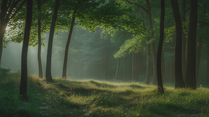 Obraz premium Sunlight filtering through tall trees in a misty forest clearing