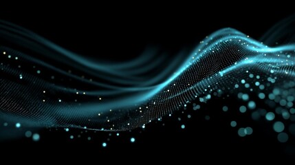 A modern digital artwork with fluid lines and glowing dots forming wave patterns on a black background,