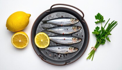 Fresh sardines on a tray with lemon and herbs