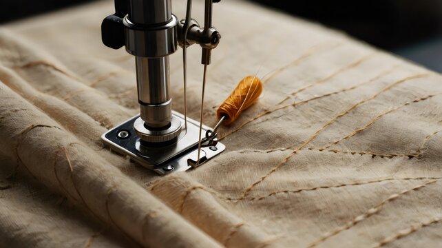 Close up of a sewing machine needle stitching fabric, textile craft detail, tailoring process, fashion design equipment, precision sewing tool for garment making and professional clothing production