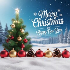 Festive christmas tree decorated with ornaments and snowy winter landscape