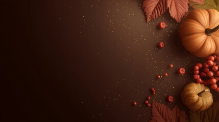 Autumn harvest design template with deep brown background and golden glitter accents. Features an orange pumpkin,