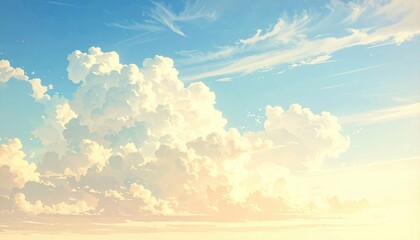A vibrant, stylized depiction of cumulus clouds against a pastel sky