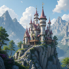 Fantasy castle and balcony in the mountains. 3D rendering